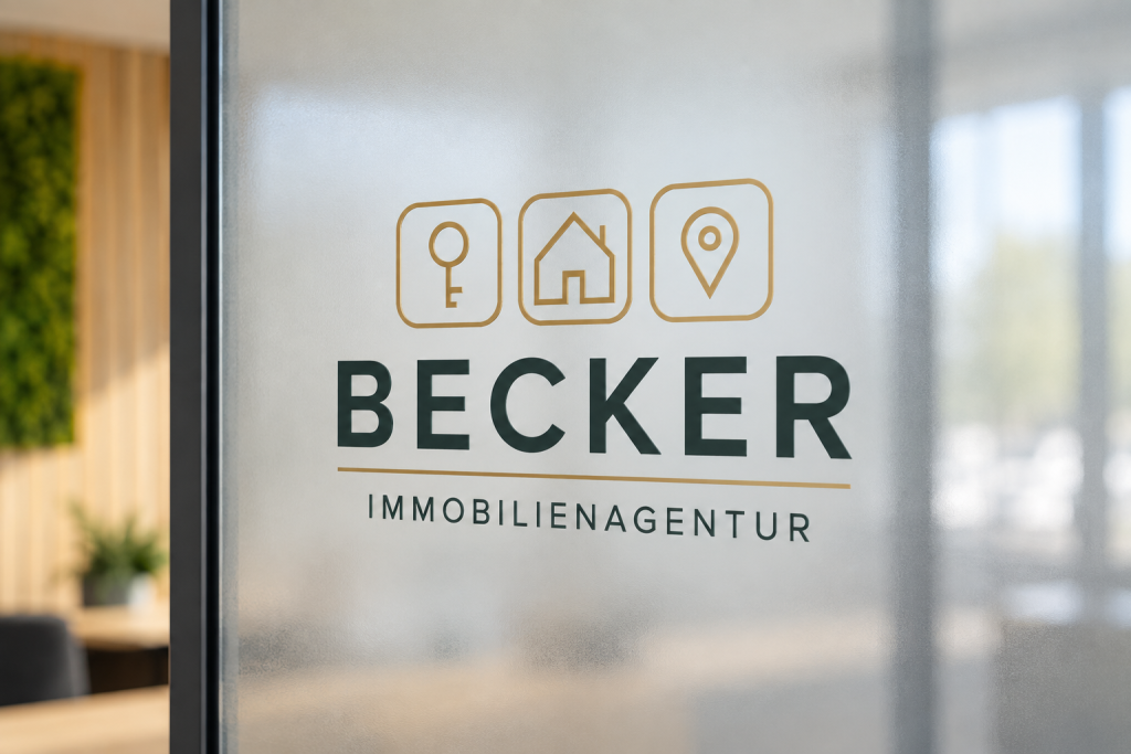 Logo der BECKER Immobilienagentur in einem modernen Besprechungsraum.